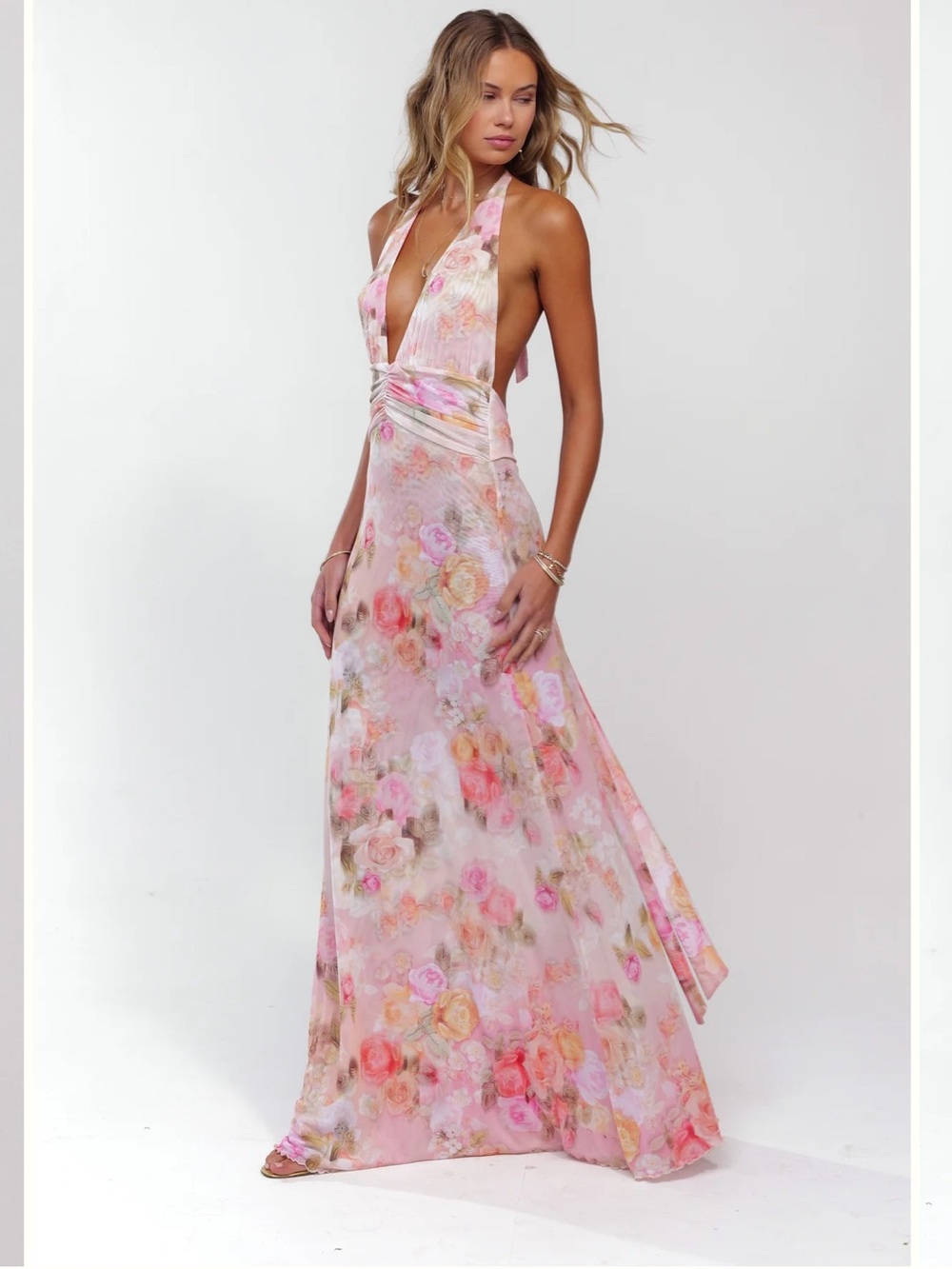 RESA Pink Floral Backless Halter Maxi Dress